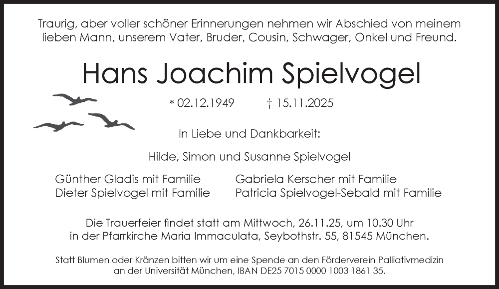  Traueranzeige für Hans Joachim Spielvogel vom 22.11.2025 aus Süddeutsche Zeitung