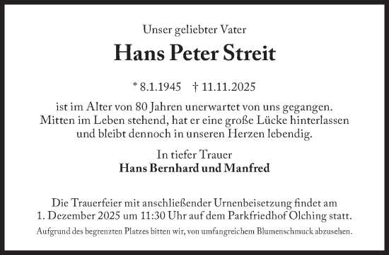 Traueranzeige von Hans Peter Streit von Süddeutsche Zeitung
