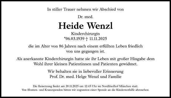Traueranzeige von Heide Wenzl von Süddeutsche Zeitung