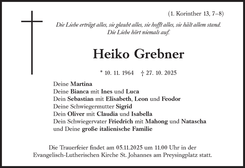  Traueranzeige für Heiko Grebner vom 31.10.2025 aus Süddeutsche Zeitung