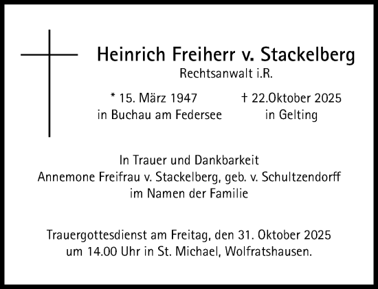 Traueranzeige von Heinrich Freiherr v. Stackelberg von Süddeutsche Zeitung