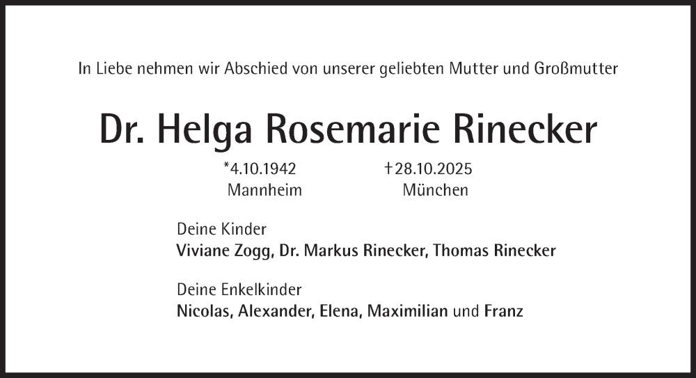  Traueranzeige für Helga Rosemarie Rinecker vom 08.11.2025 aus Süddeutsche Zeitung