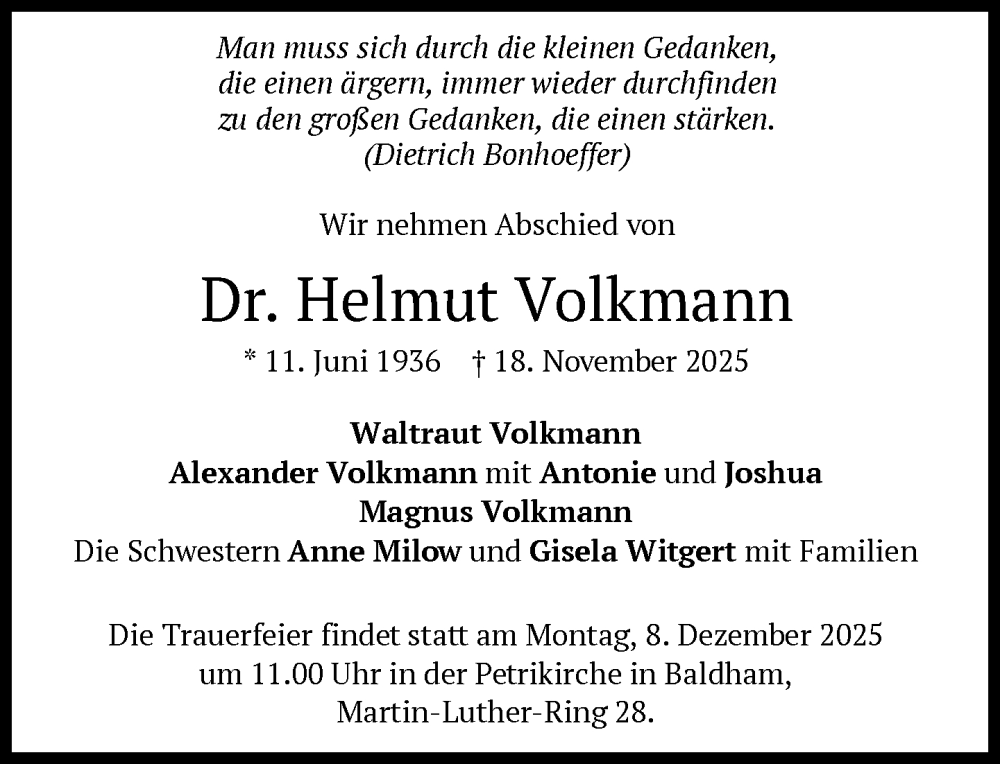  Traueranzeige für Helmut Volkmann vom 29.11.2025 aus Süddeutsche Zeitung