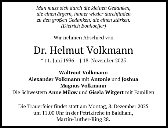 Traueranzeige von Helmut Volkmann von Süddeutsche Zeitung