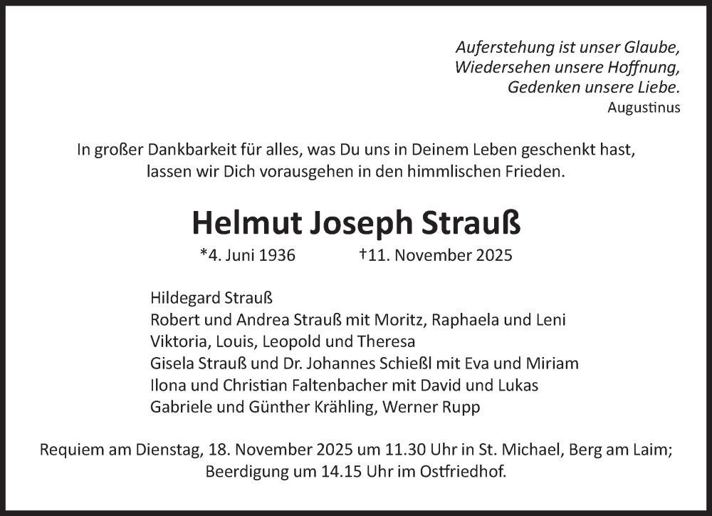  Traueranzeige für Helmut Joseph Strauß vom 15.11.2025 aus Süddeutsche Zeitung