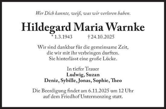 Traueranzeige von Hildegard Maria Warnke von Süddeutsche Zeitung