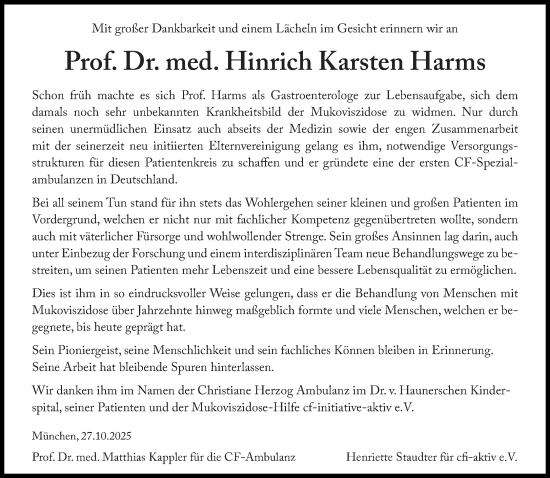Traueranzeige von Hinrich Karsten Harms von Süddeutsche Zeitung