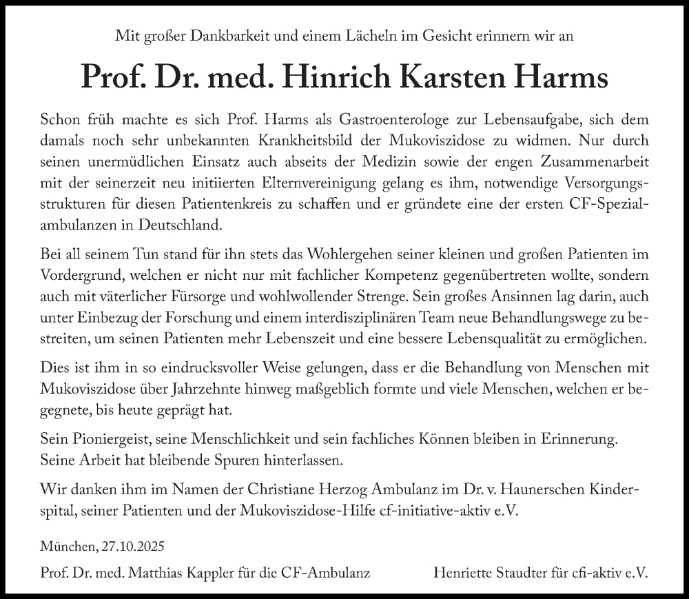  Traueranzeige für Hinrich Karsten Harms vom 31.10.2025 aus Süddeutsche Zeitung