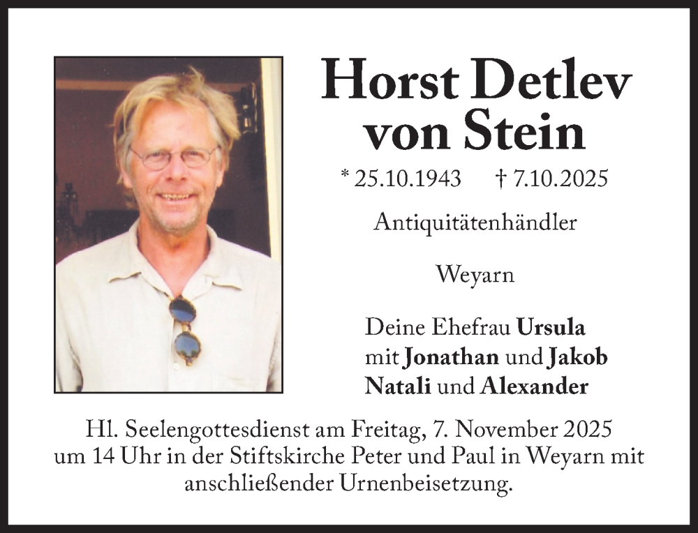  Traueranzeige für Horst Detlev von Stein vom 31.10.2025 aus Süddeutsche Zeitung