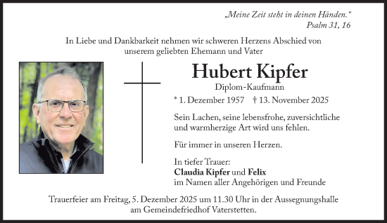 Traueranzeige von Hubert Kipfer von Süddeutsche Zeitung
