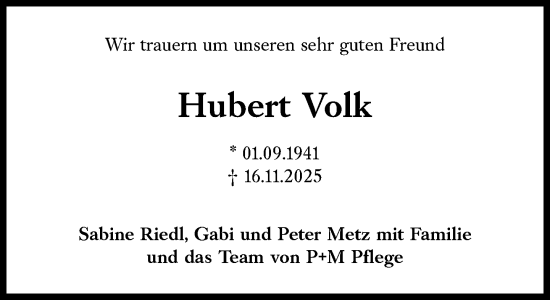 Traueranzeige von Hubert Volk von Süddeutsche Zeitung
