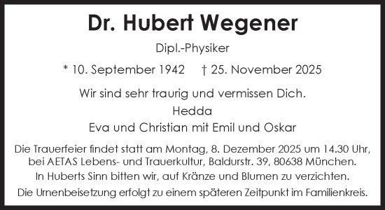 Traueranzeige von Hubert Wegener von Süddeutsche Zeitung