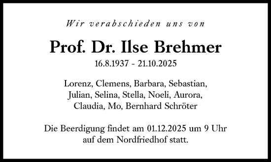 Traueranzeige von Ilse Brehmer von Süddeutsche Zeitung