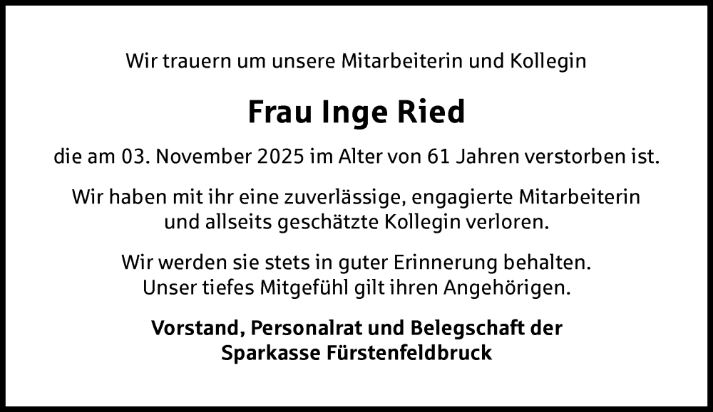 Traueranzeige für Inge Ried vom 11.11.2025 aus Süddeutsche Zeitung