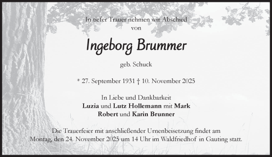 Traueranzeige von Ingeborg Brummer von Süddeutsche Zeitung