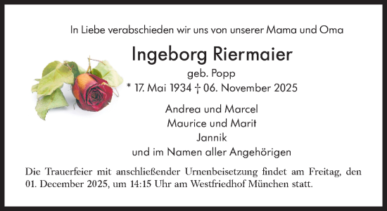 Traueranzeige von Ingeborg Riermaier von Süddeutsche Zeitung