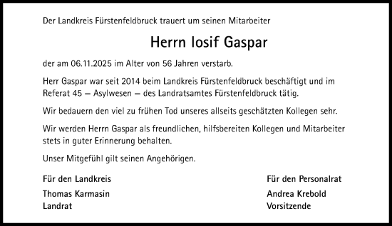 Traueranzeige von Iosif Gaspar von Süddeutsche Zeitung