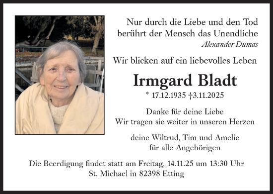 Traueranzeige von Irmgard Bladt von Süddeutsche Zeitung