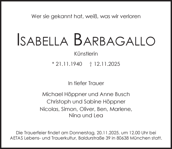 Traueranzeige von Isabella Barbagallo von Süddeutsche Zeitung