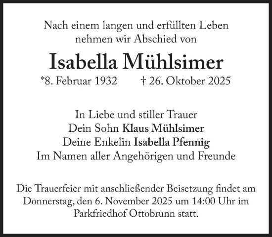 Traueranzeige von Isabella Mühlsimer von Süddeutsche Zeitung