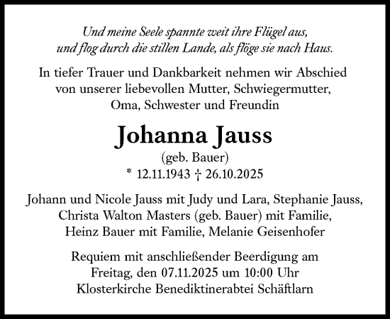 Traueranzeige von Johanna Jauss von Süddeutsche Zeitung