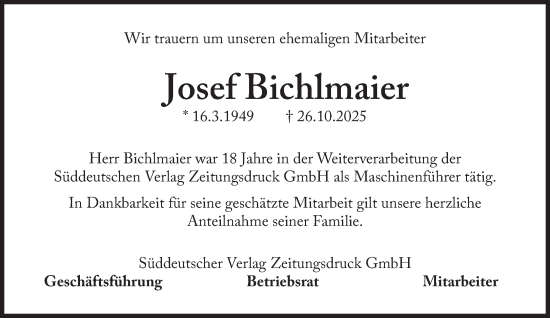 Traueranzeige von Josef Bichlmaier von Süddeutsche Zeitung