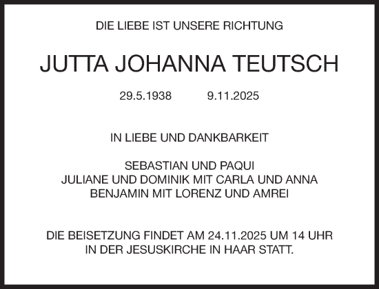 Traueranzeige von Jutta Johanna Teutsch von Süddeutsche Zeitung