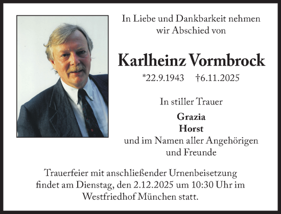 Traueranzeige von Karlheinz Vormbrock von Süddeutsche Zeitung