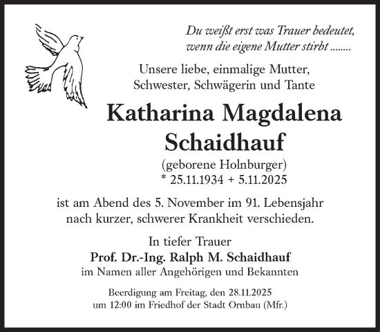 Traueranzeige von Katharina Magdalena Schaidhauf von Süddeutsche Zeitung