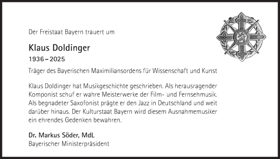 Traueranzeige von Klaus Doldinger von Süddeutsche Zeitung