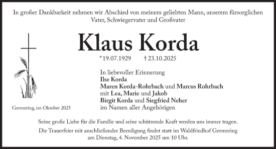 Traueranzeige von Klaus Korda von Süddeutsche Zeitung