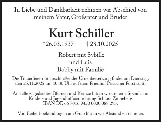 Traueranzeige von Kurt Schiller von Süddeutsche Zeitung