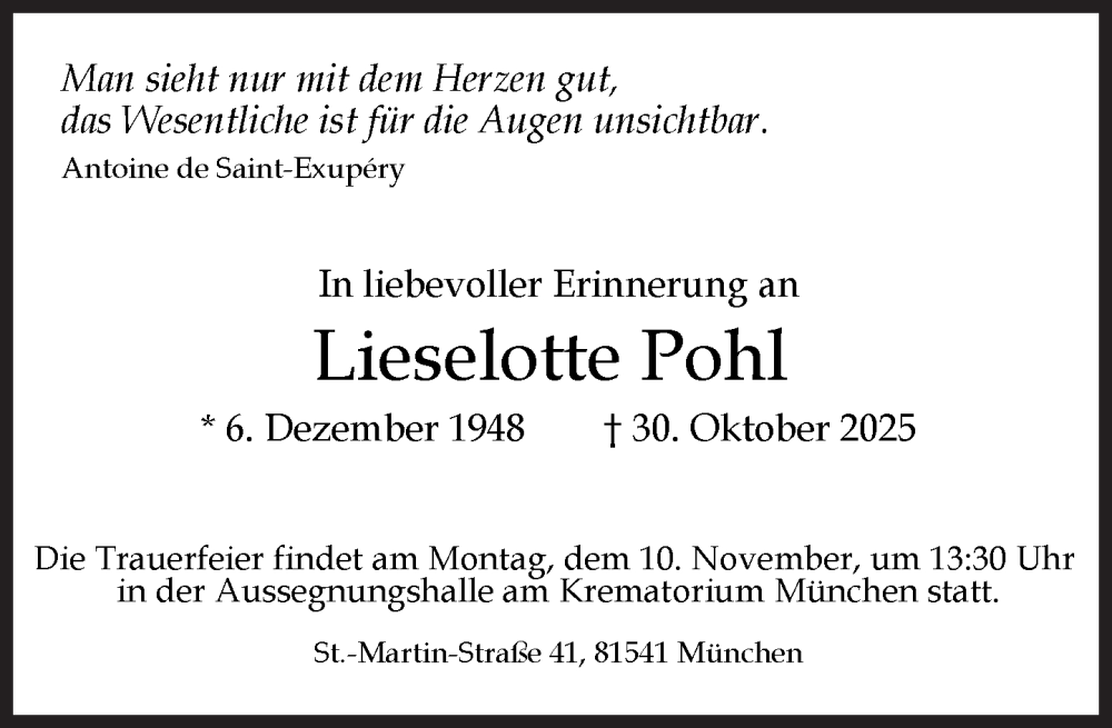  Traueranzeige für Lieselotte Pohl vom 08.11.2025 aus Süddeutsche Zeitung