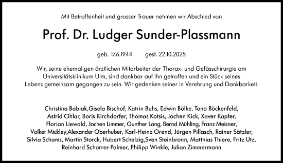 Traueranzeige von Ludger Sunder-Plassmann von Süddeutsche Zeitung