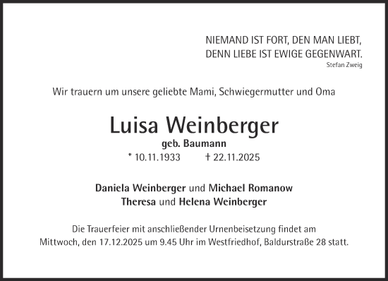 Traueranzeige von Luisa Weinberger von Süddeutsche Zeitung