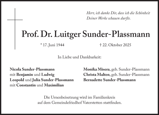 Traueranzeige von Luitger Sunder-Plassmann von Süddeutsche Zeitung