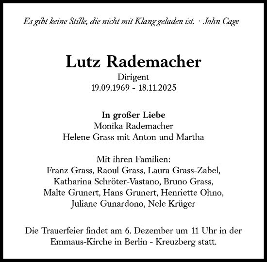 Traueranzeige von Lutz Rademacher von Süddeutsche Zeitung