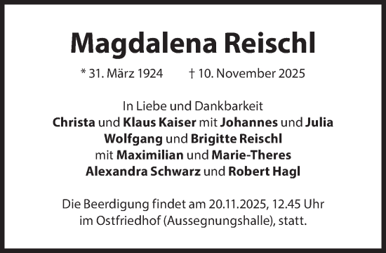 Traueranzeige von Magdalena Reischl von Süddeutsche Zeitung