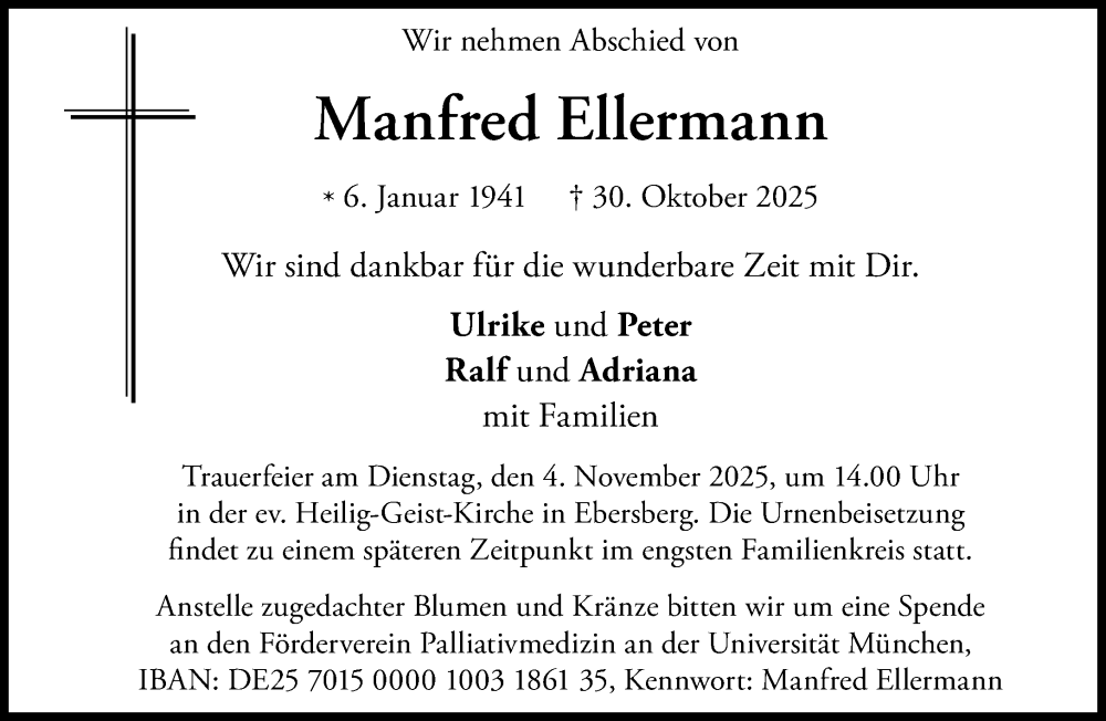  Traueranzeige für Manfred Ellermann vom 03.11.2025 aus Süddeutsche Zeitung