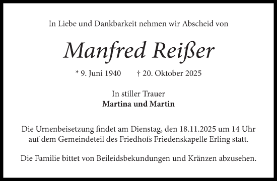 Traueranzeige von Manfred Reißer von Süddeutsche Zeitung