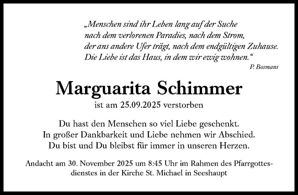  Traueranzeige für Marguarita Schimmer vom 15.11.2025 aus Süddeutsche Zeitung