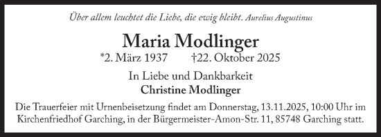 Traueranzeige von Maria Modlinger von Süddeutsche Zeitung