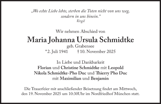 Traueranzeige von Maria Johanna Ursula Schmidtke von Süddeutsche Zeitung
