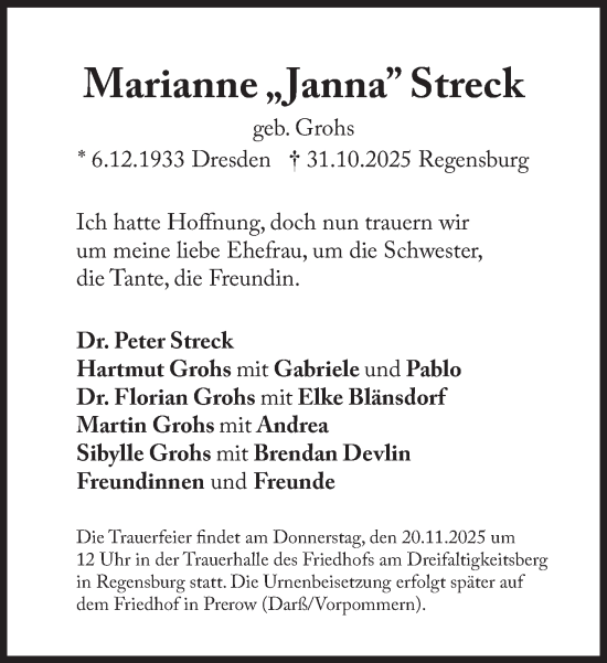 Traueranzeige von Marianne Streck von Süddeutsche Zeitung