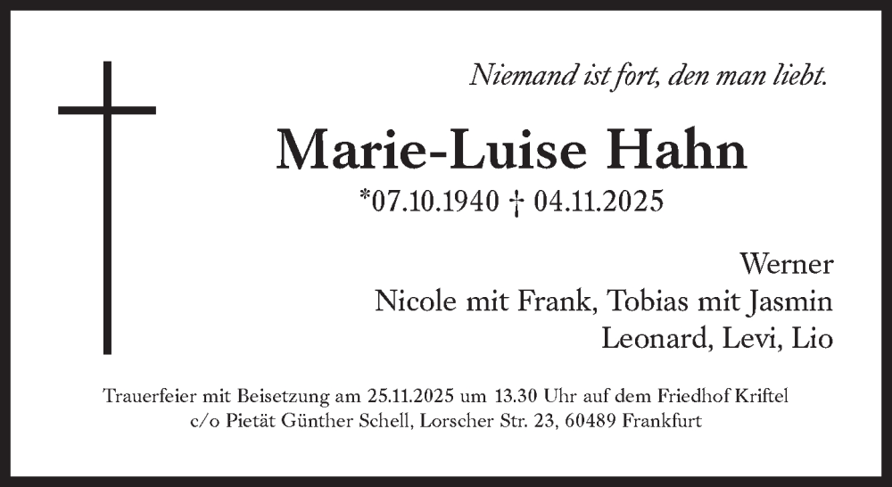  Traueranzeige für Marie-Luise Hahn vom 15.11.2025 aus Süddeutsche Zeitung