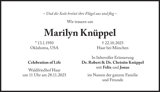 Traueranzeige von Marilyn Knüppel von Süddeutsche Zeitung