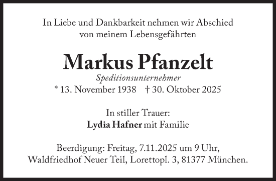 Traueranzeige von Markus Pfanzelt von Süddeutsche Zeitung