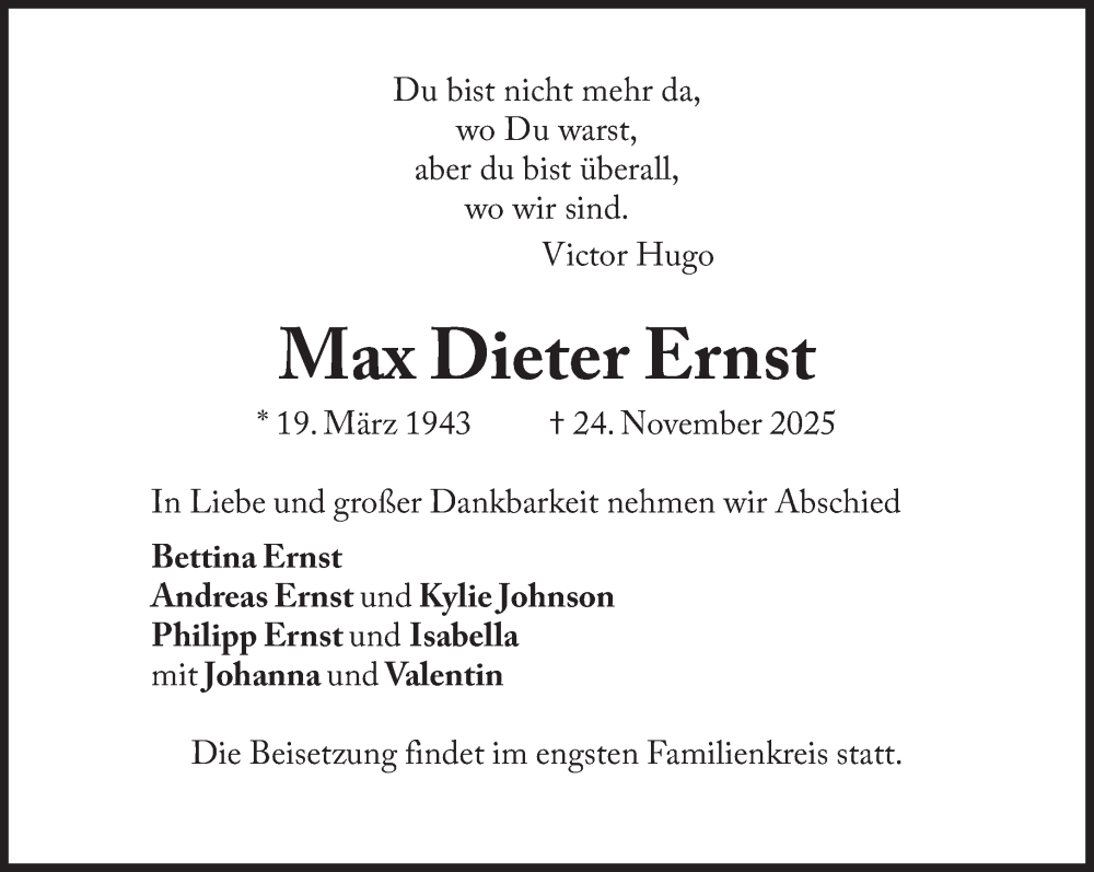  Traueranzeige für Max Dieter Ernst vom 29.11.2025 aus Süddeutsche Zeitung