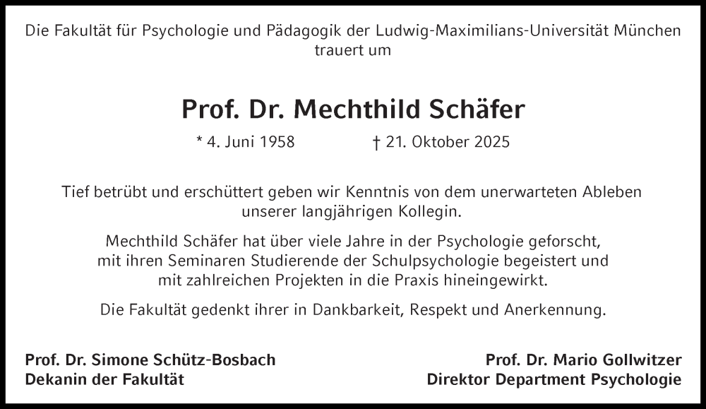  Traueranzeige für Mechthild Schäfer vom 31.10.2025 aus Süddeutsche Zeitung