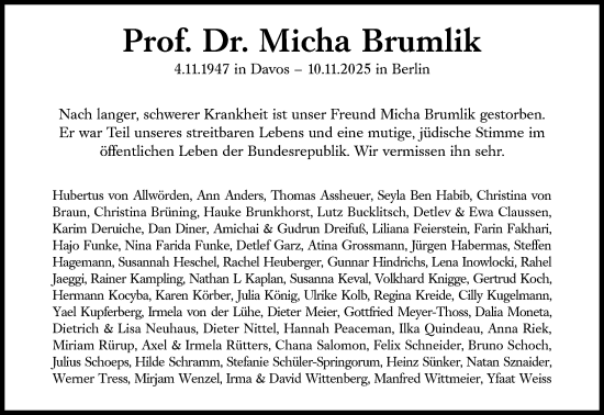 Traueranzeige von Micha Brumlik von Süddeutsche Zeitung